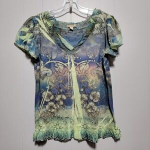 Energe World Wear Womens Blue Green Floral Butterfly Mesh Ruffle Top Large 68600